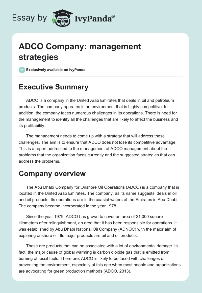ADCO Company: management strategies. Page 1