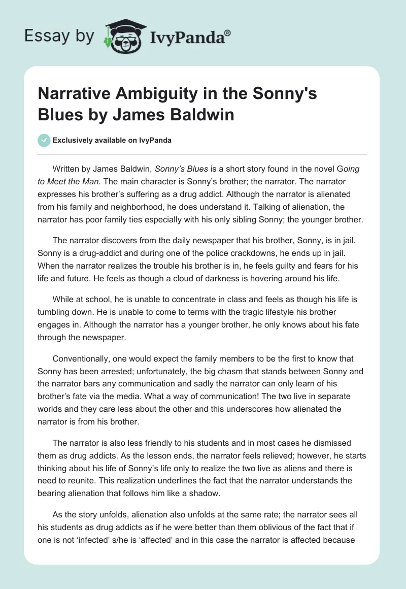 Narrative Ambiguity in the "Sonny's Blues" by James Baldwin. Page 1