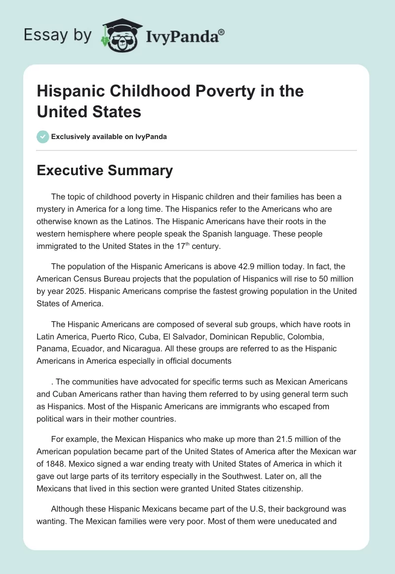 Hispanic Childhood Poverty in the United States. Page 1