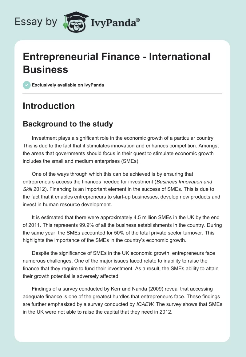 Entrepreneurial Finance - International Business. Page 1