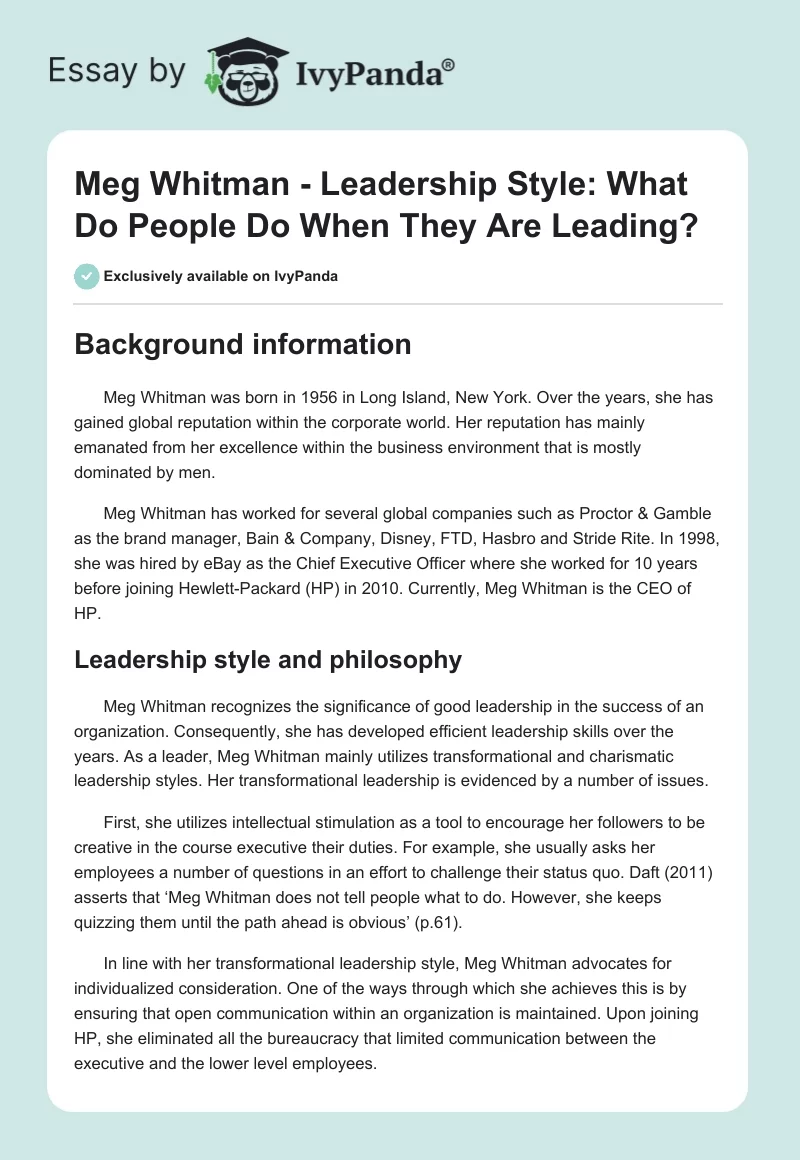 Meg Whitman - Leadership Style: What Do People Do When They Are Leading?. Page 1