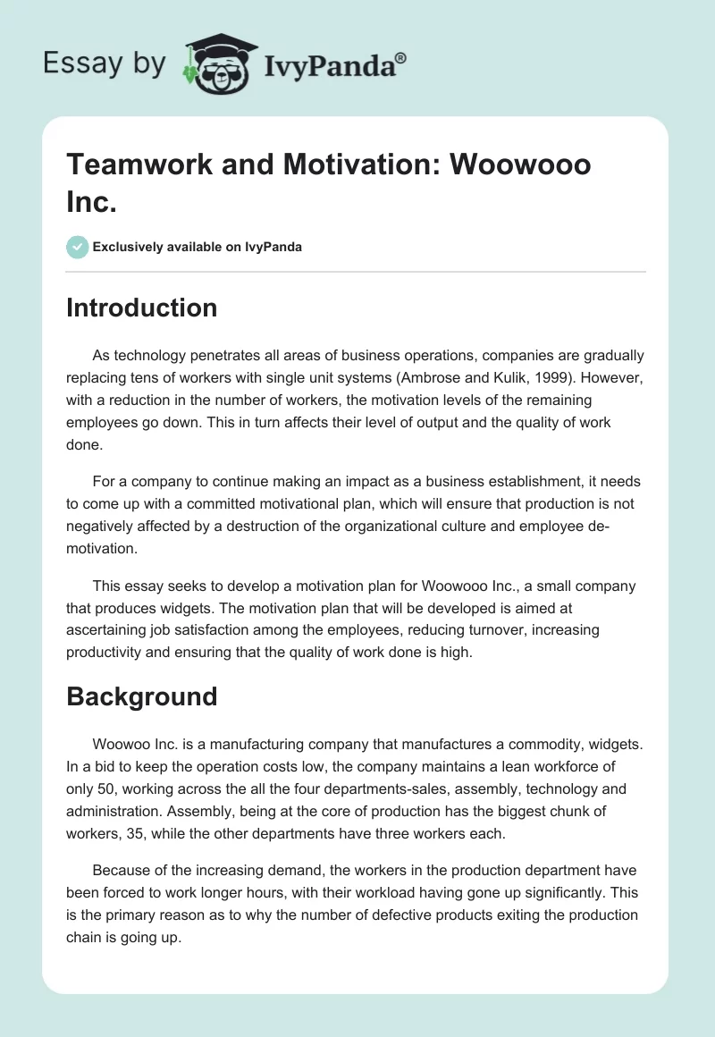 Teamwork and Motivation: Woowooo Inc.. Page 1