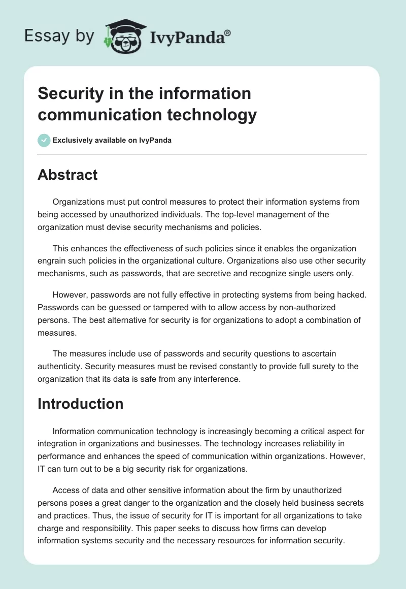 Security in the Information Communication Technology. Page 1
