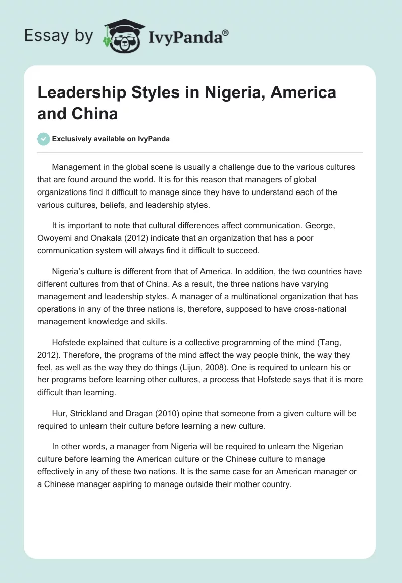 Leadership Styles in Nigeria, America and China. Page 1