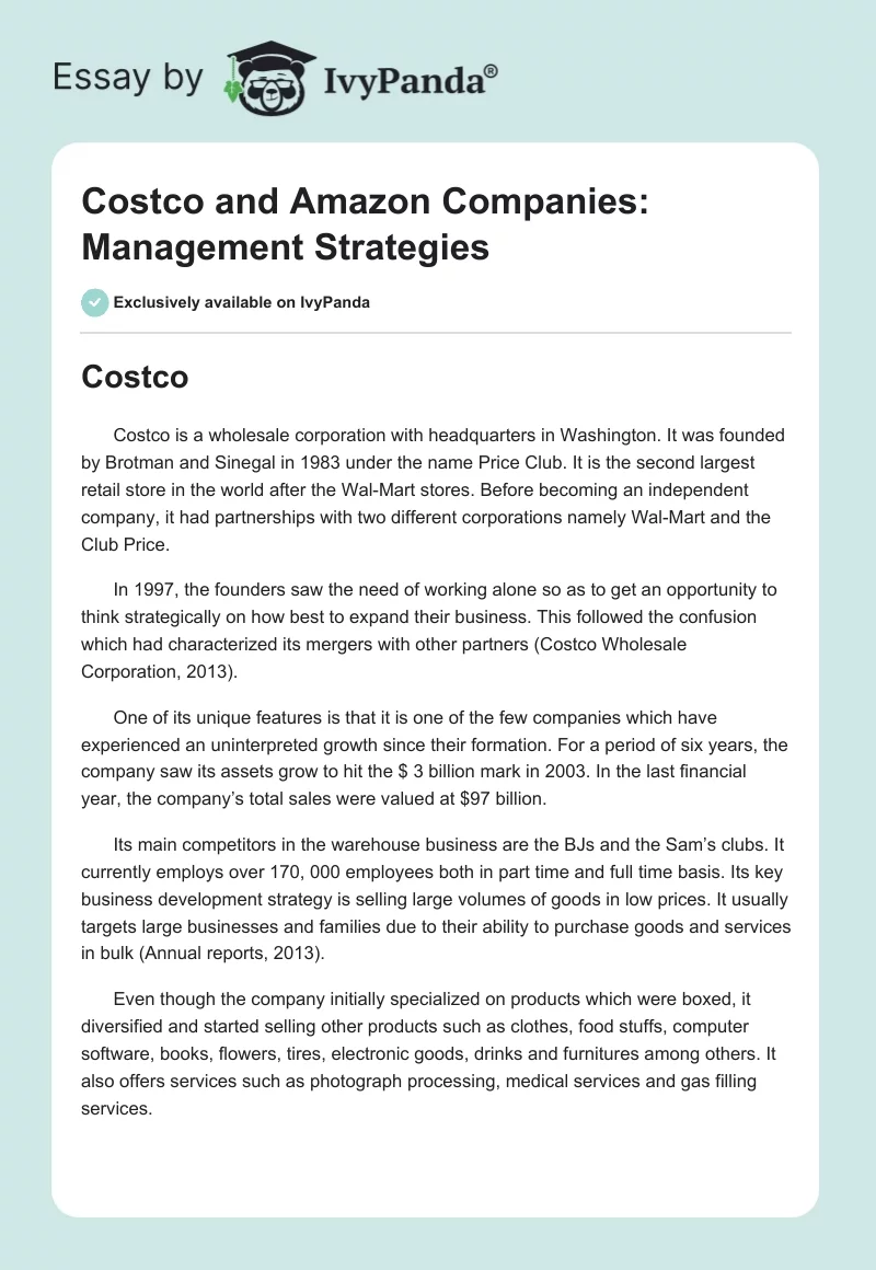 Costco and Amazon Companies: Management Strategies. Page 1