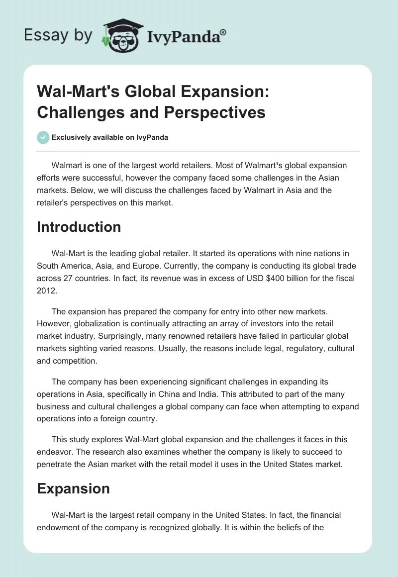 Wal-Mart's Global Expansion: Challenges and Perspectives. Page 1