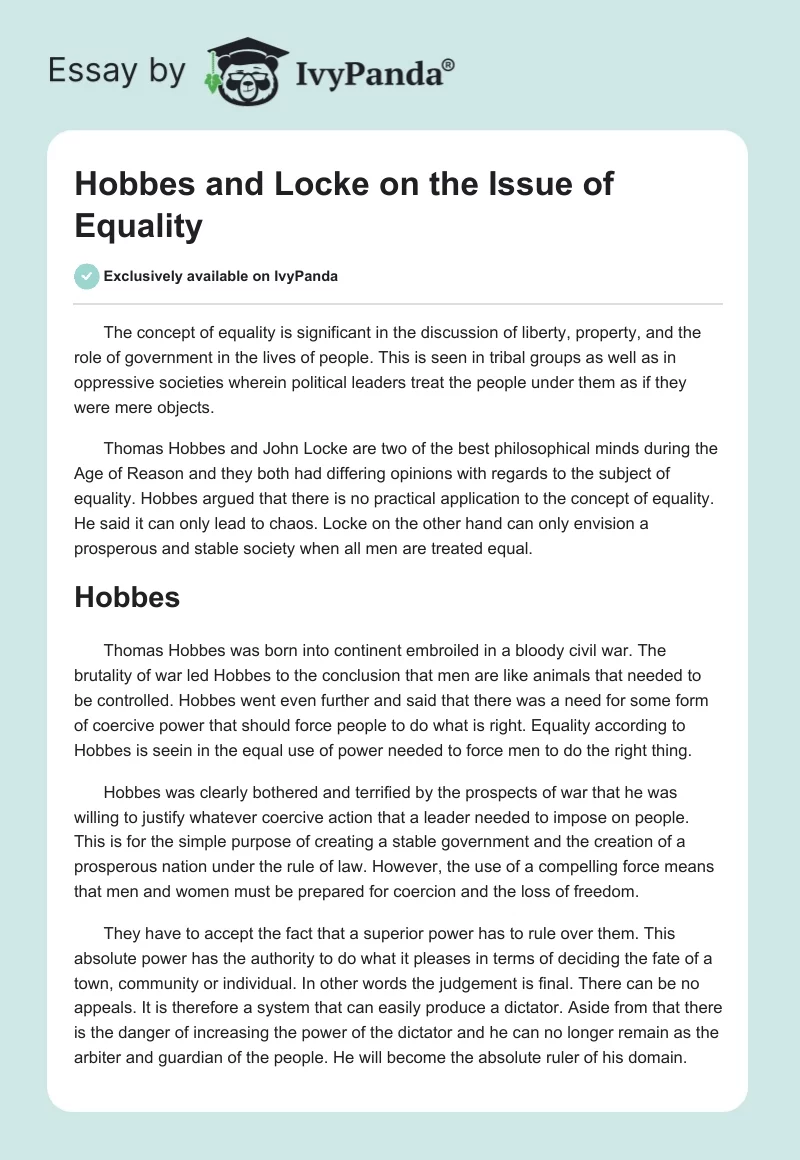 Hobbes and Locke on the Issue of Equality. Page 1