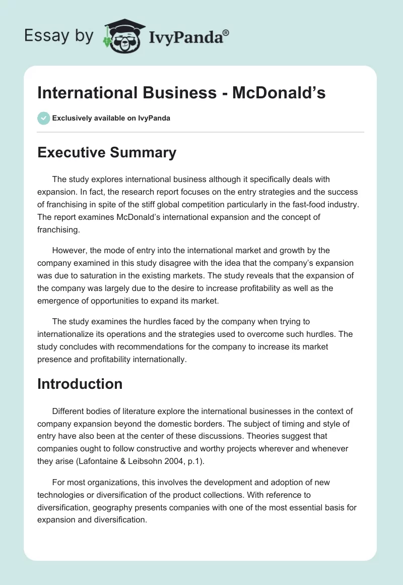 International Business - McDonald’s. Page 1