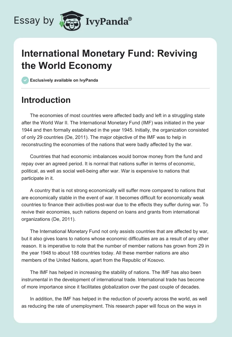 International Monetary Fund: Reviving the World Economy. Page 1