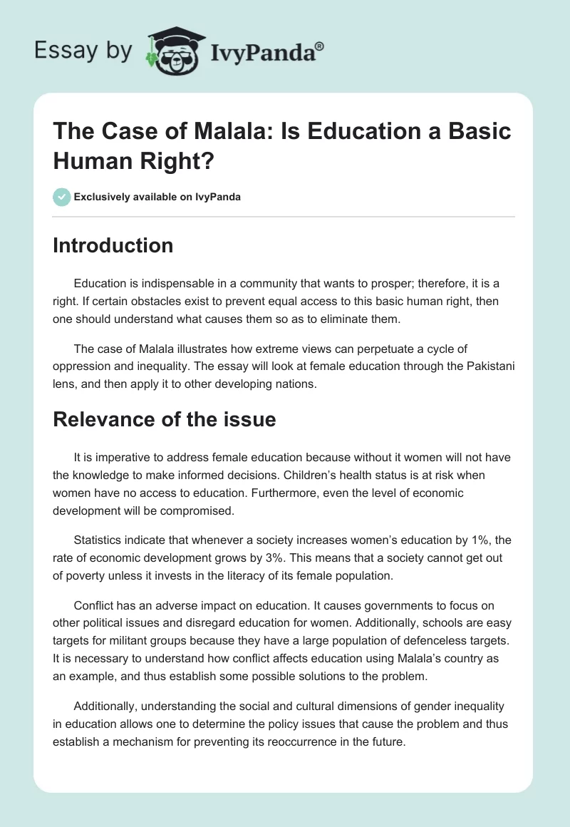 The Case of Malala: Is Education a Basic Human Right?. Page 1