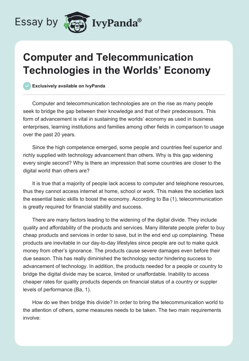 Computer and Telecommunication Technologies in the Worlds’ Economy. Page 1