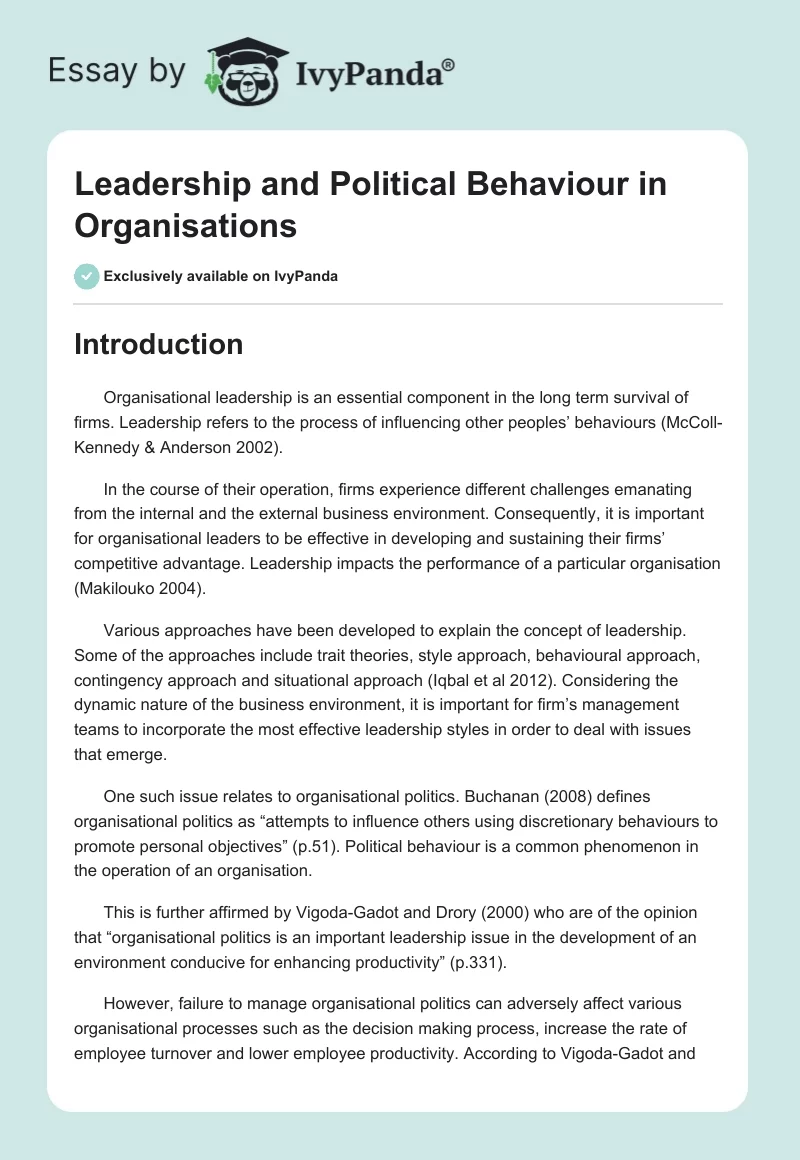 Leadership and Political Behaviour in Organisations. Page 1