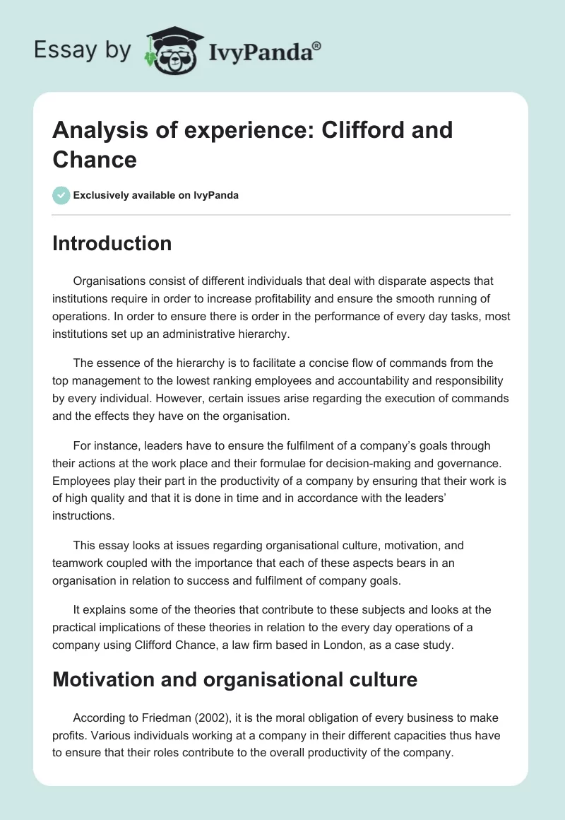 Analysis of experience: Clifford and Chance. Page 1