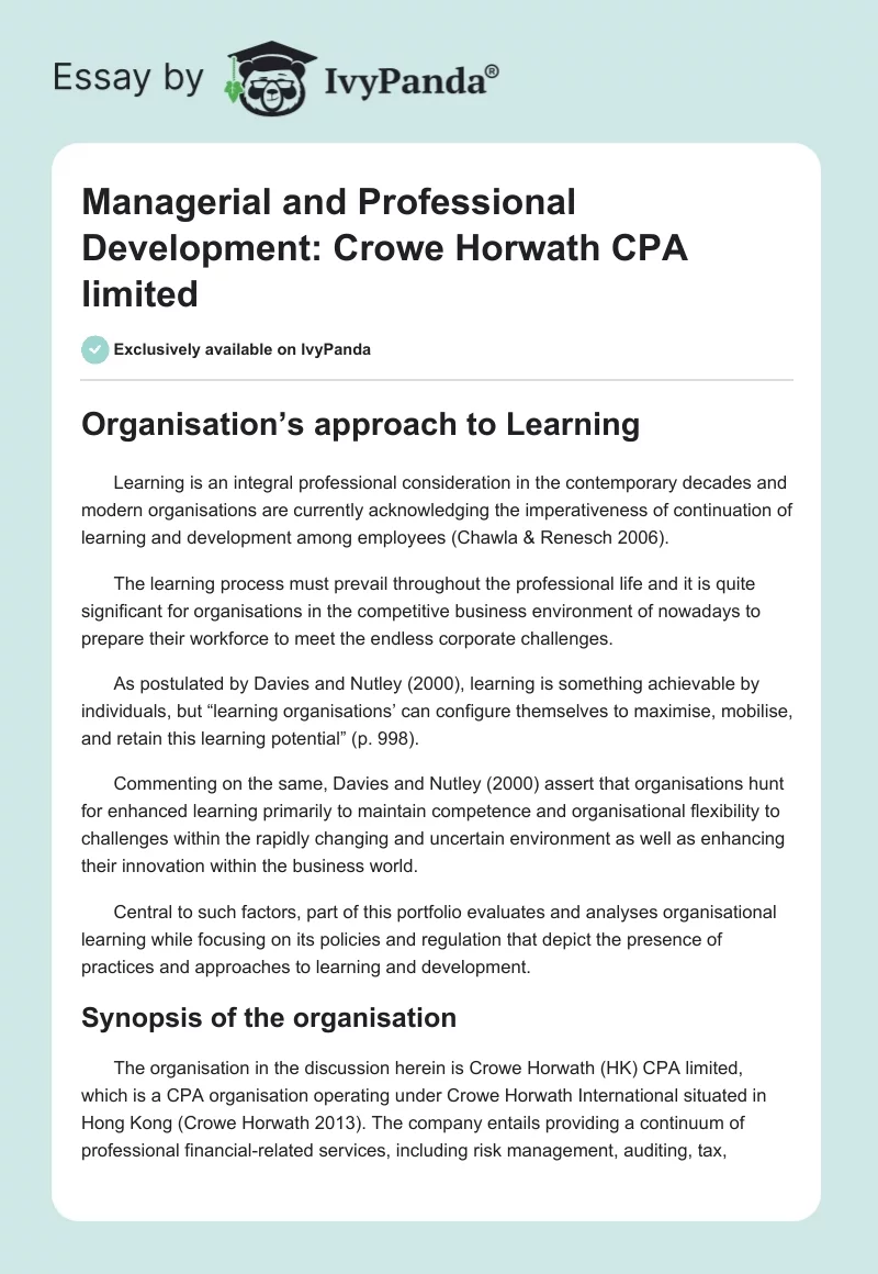 Managerial and Professional Development: Crowe Horwath CPA limited. Page 1