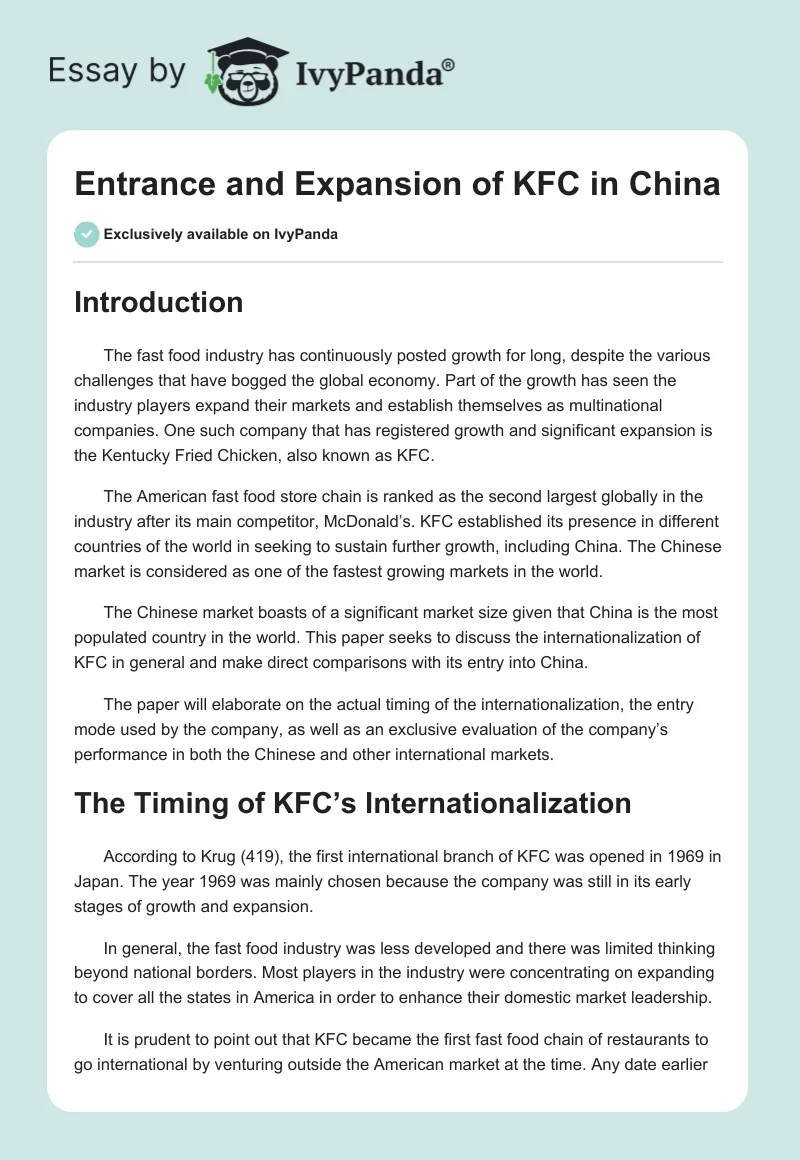 Entrance and Expansion of KFC in China. Page 1