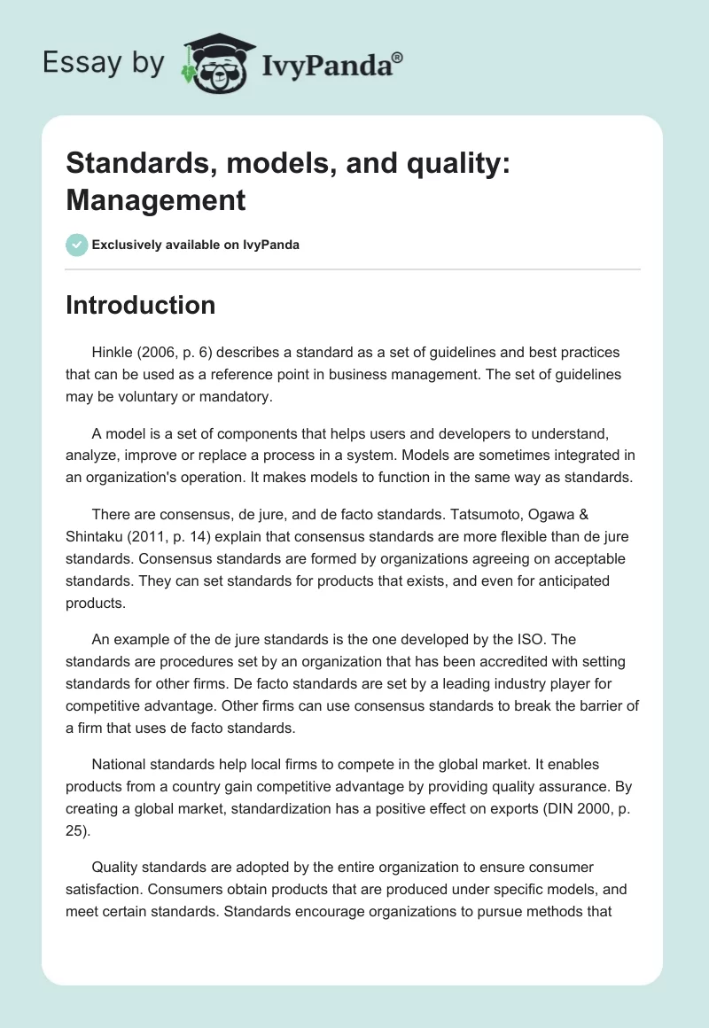 Standards, models, and quality: Management. Page 1