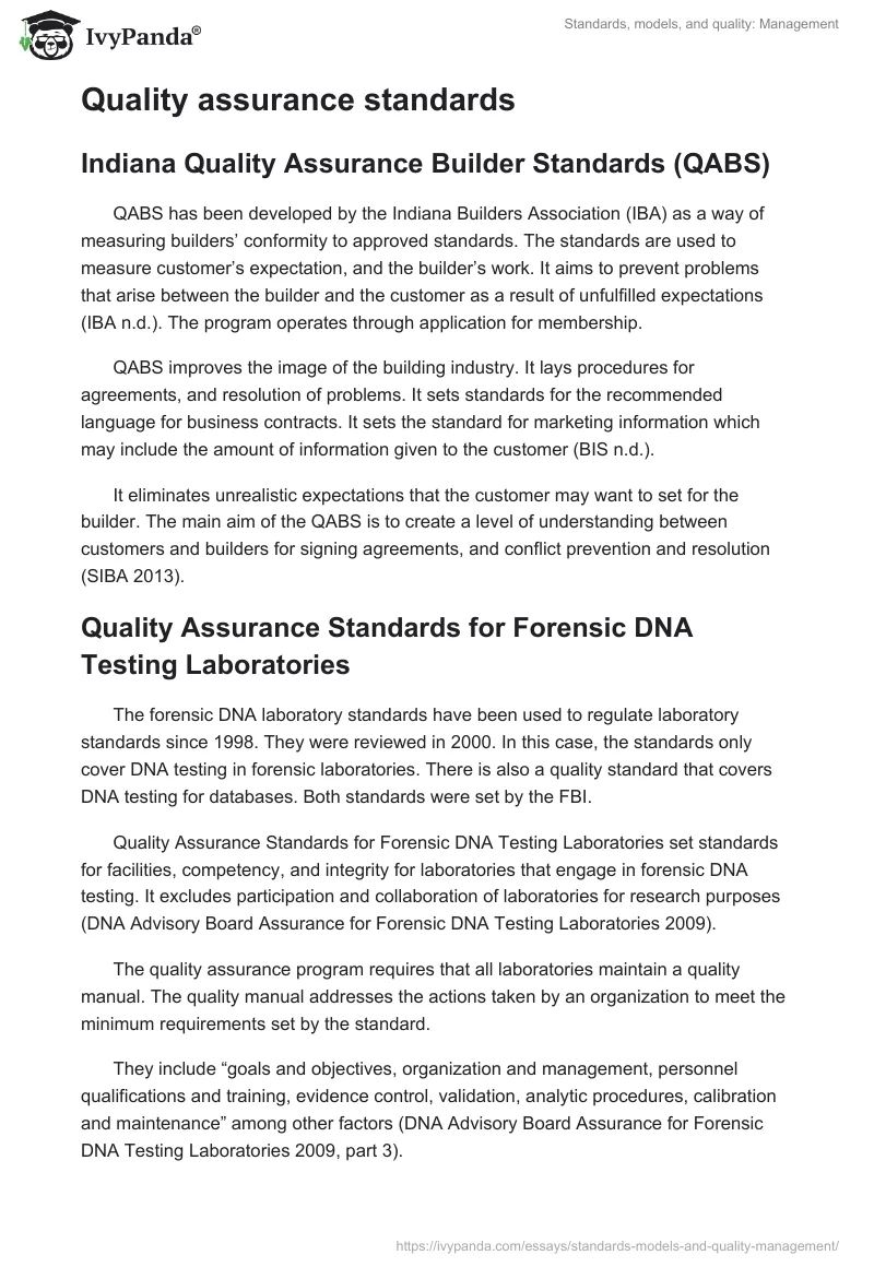 Standards, models, and quality: Management. Page 5