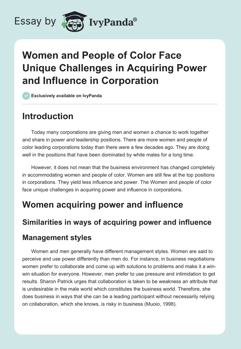 Women and People of Color Face Unique Challenges in Acquiring Power and Influence in Corporation. Page 1