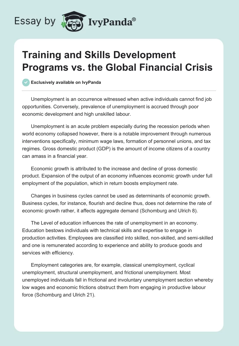 Training and Skills Development Programs vs. the Global Financial Crisis. Page 1