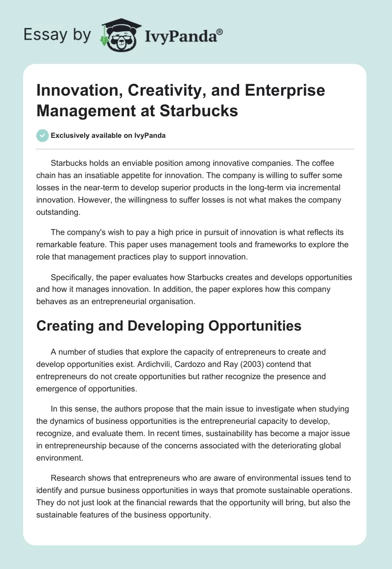 Innovation, Creativity, and Enterprise Management at Starbucks. Page 1