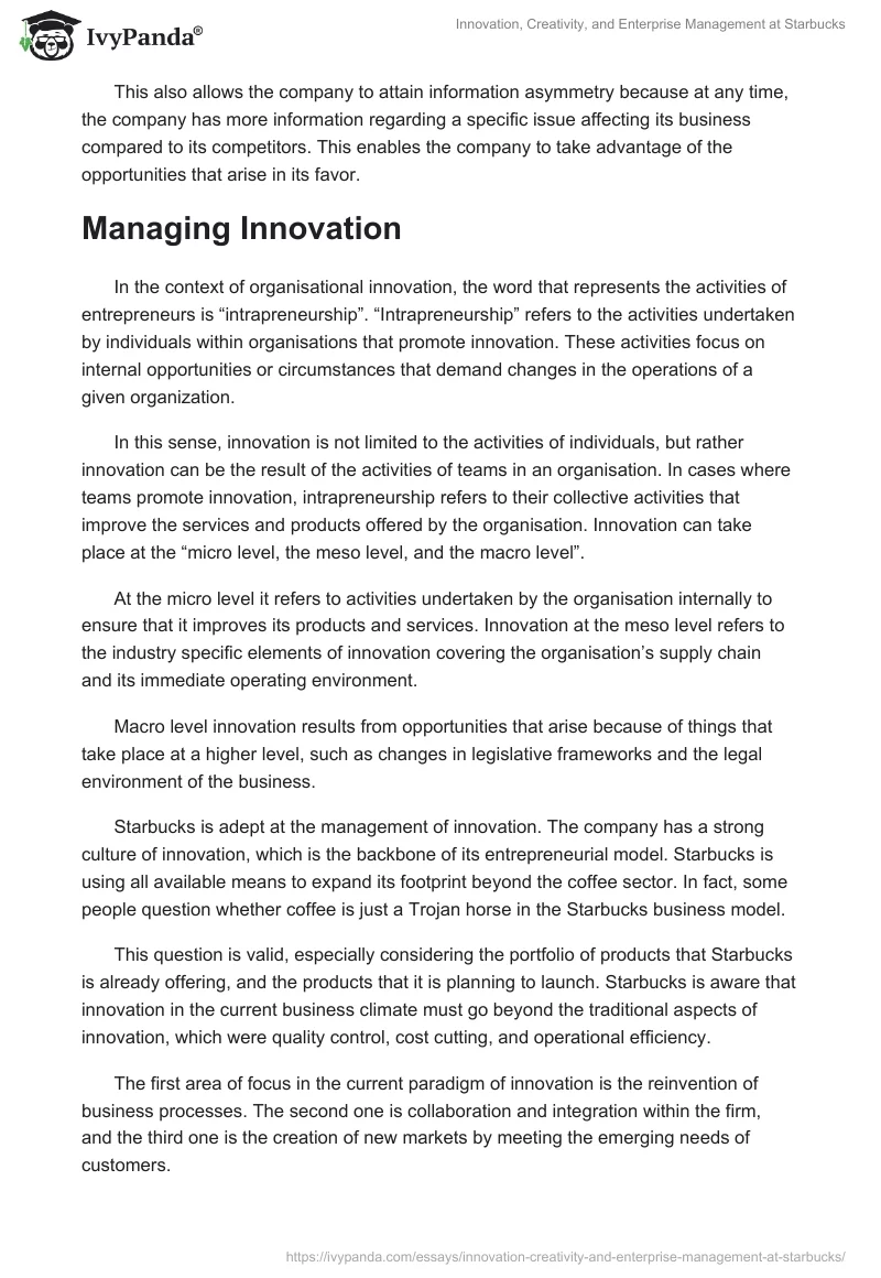 Innovation, Creativity, and Enterprise Management at Starbucks. Page 3