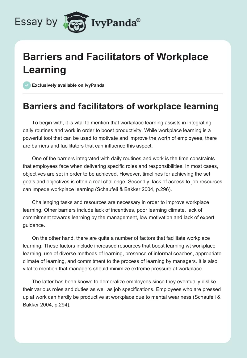 Barriers and Facilitators of Workplace Learning. Page 1