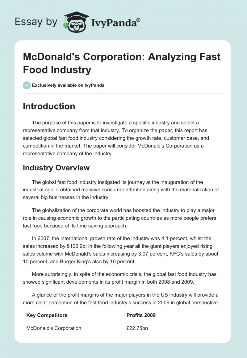 McDonald's Corporation: Analyzing Fast Food Industry. Page 1