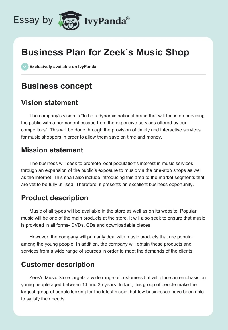 Business Plan for Zeek’s Music Shop. Page 1