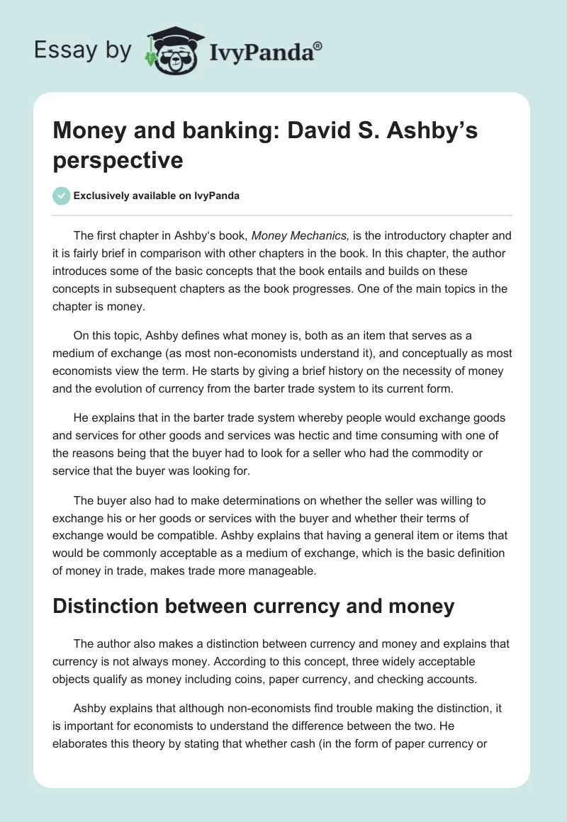 Money and Banking: David S. Ashby’s Perspective. Page 1
