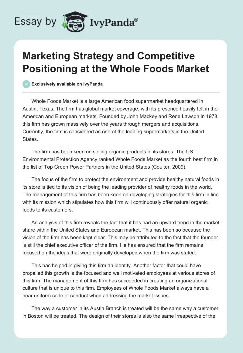 Marketing Strategy and Competitive Positioning at the Whole Foods Market. Page 1