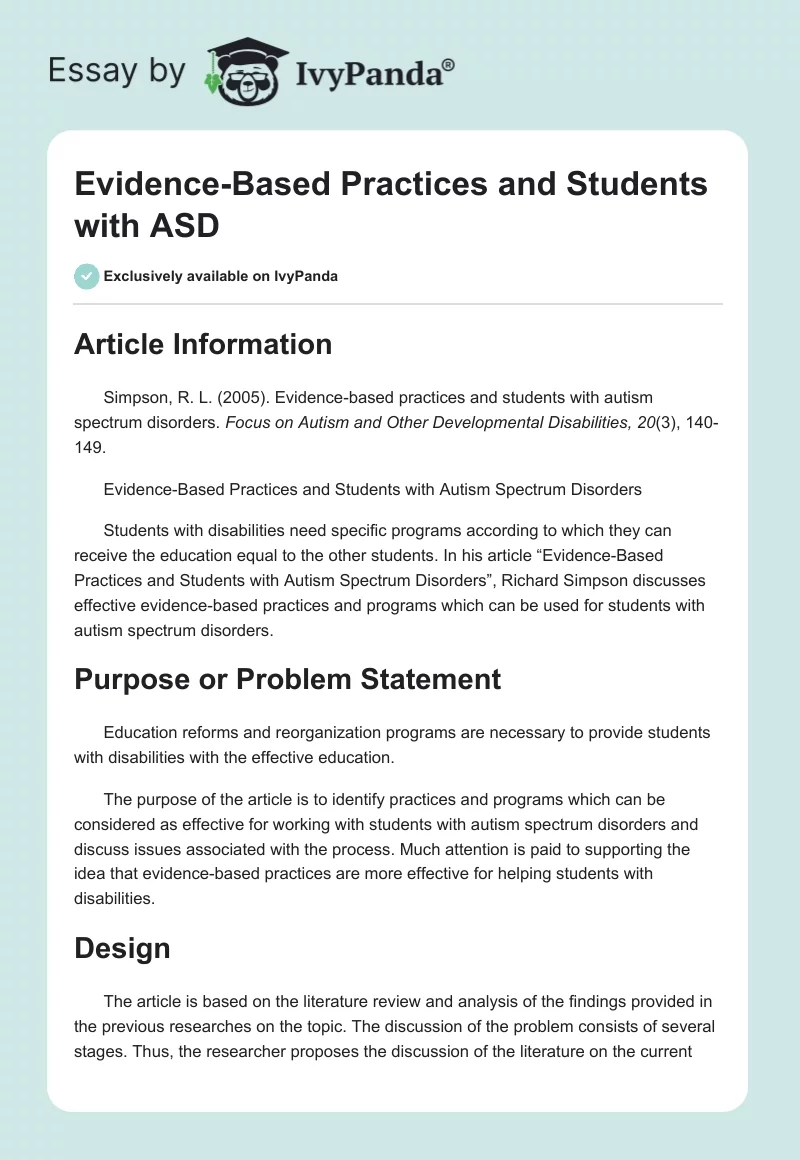 Evidence-Based Practices and Students with ASD. Page 1