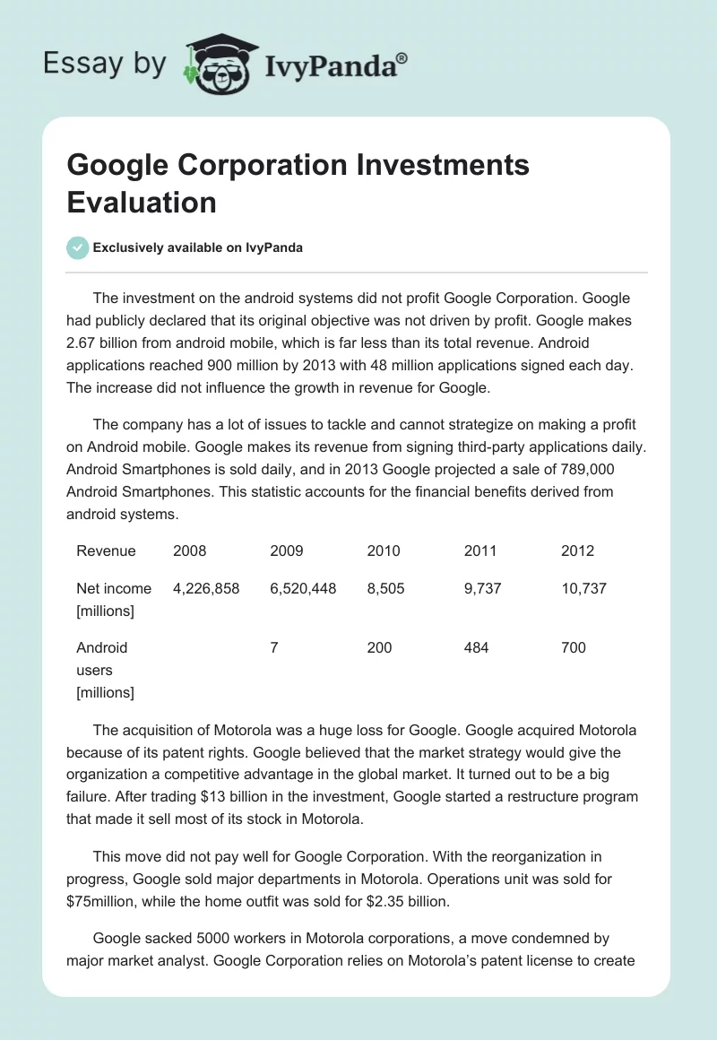 Google Corporation Investments Evaluation. Page 1