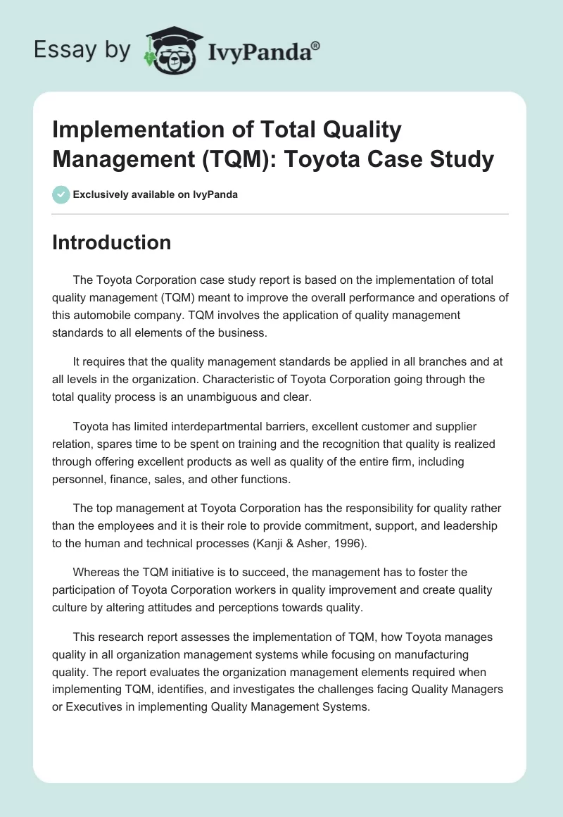 Implementation of Total Quality Management (TQM): Toyota Case Study. Page 1