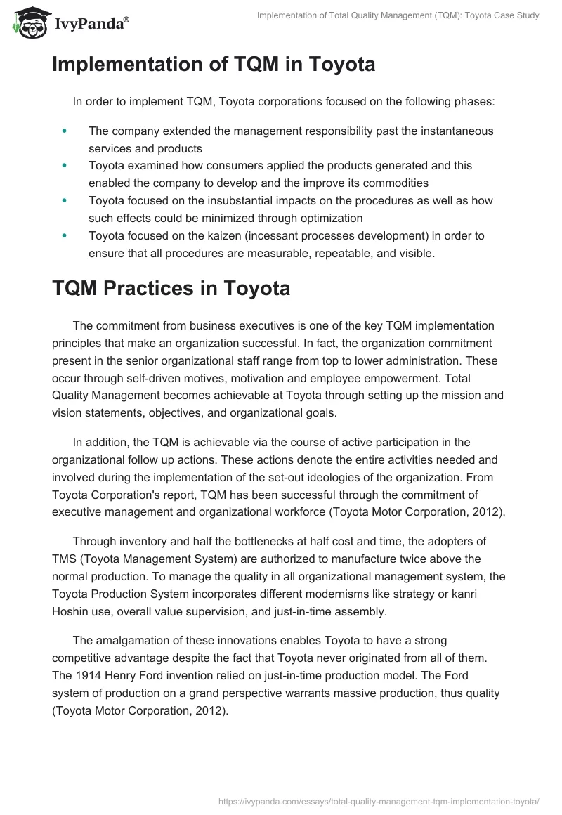 Implementation of Total Quality Management (TQM): Toyota Case Study. Page 2