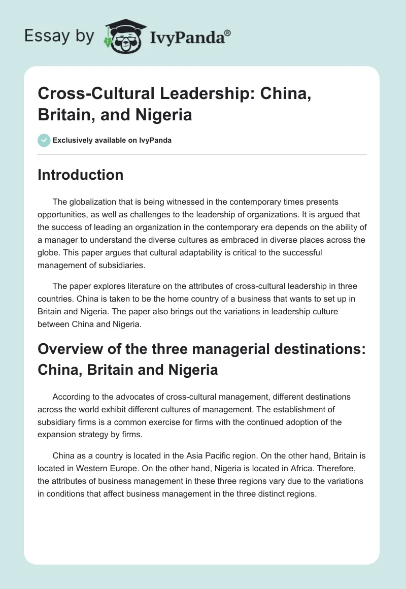 Cross-Cultural Leadership: China, Britain, and Nigeria. Page 1