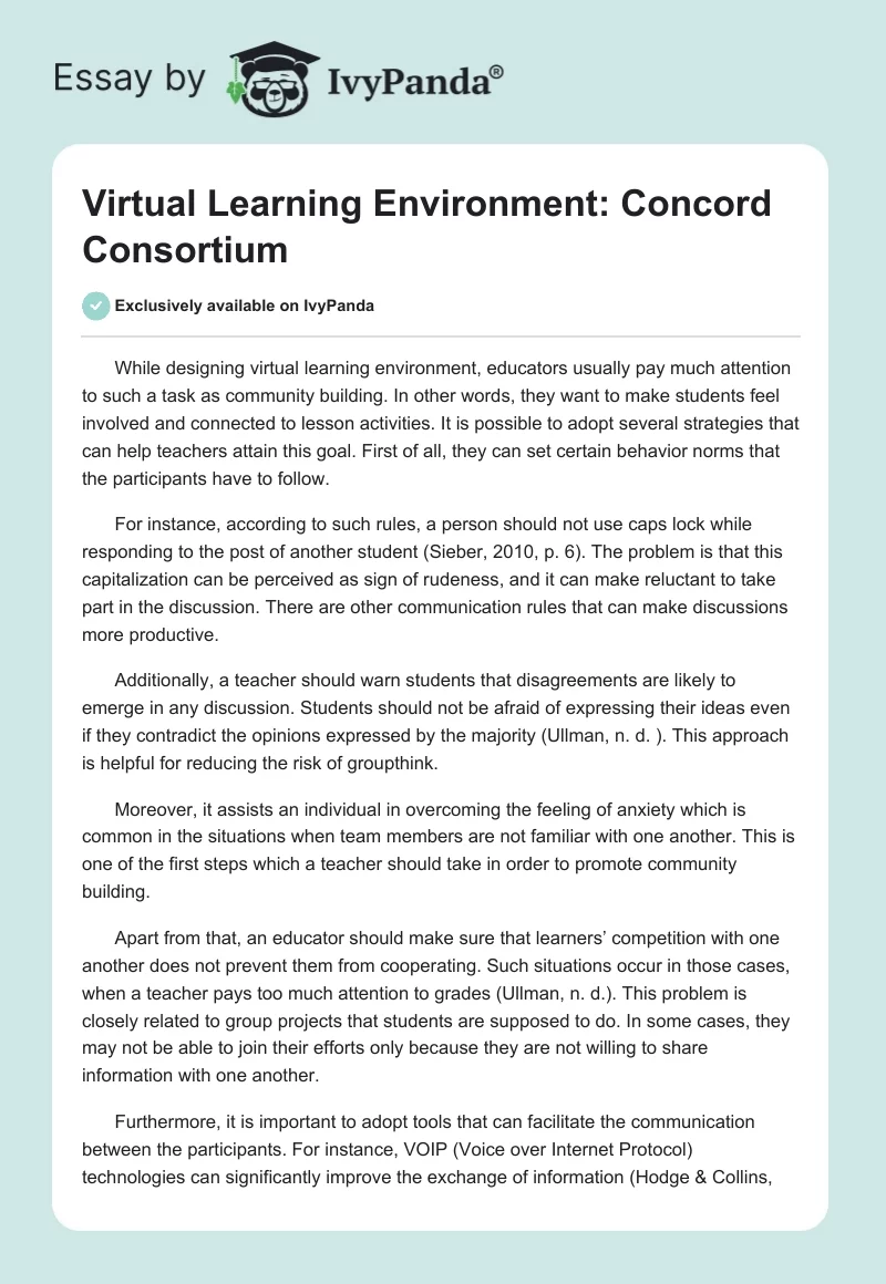 Virtual Learning Environment: Concord Consortium. Page 1