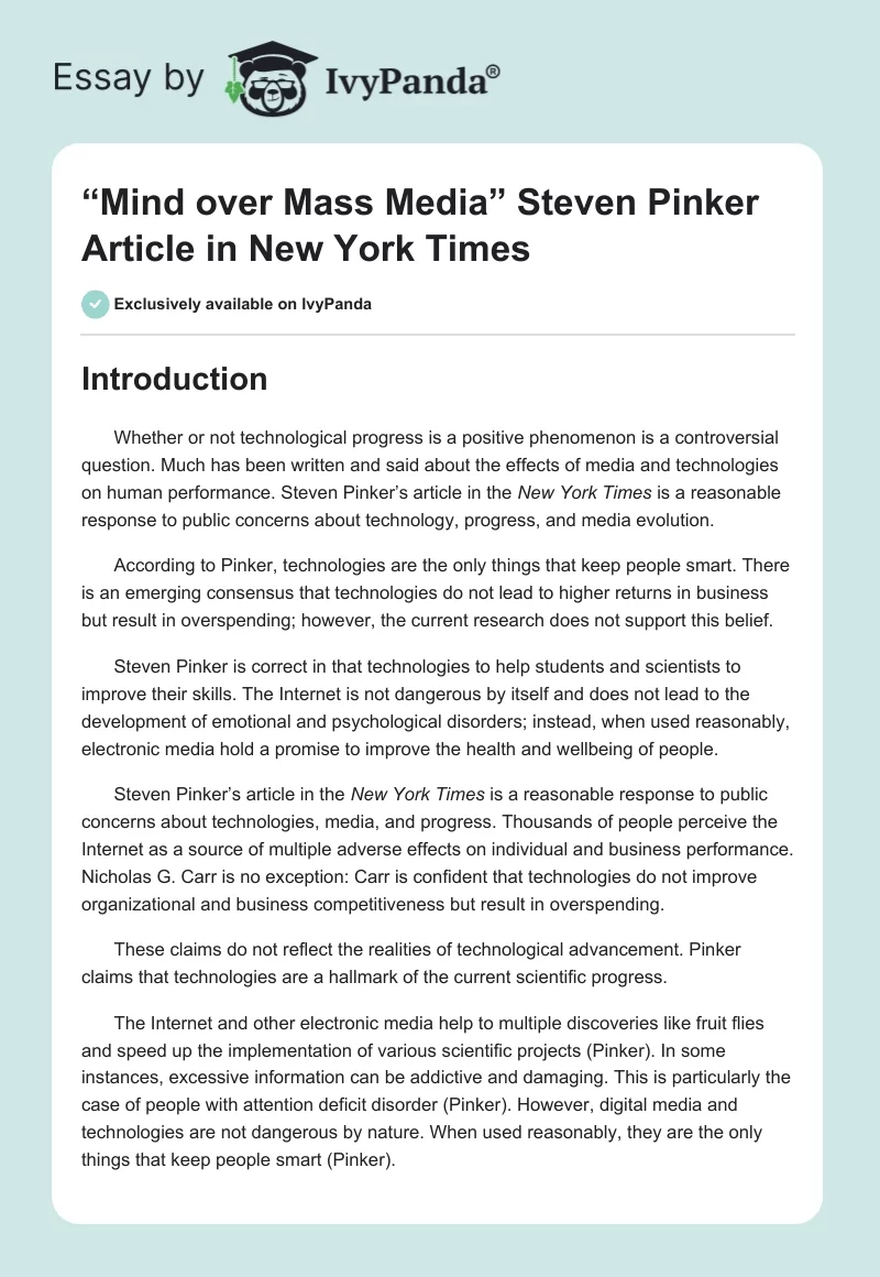 “Mind over Mass Media” Steven Pinker Article in New York Times. Page 1