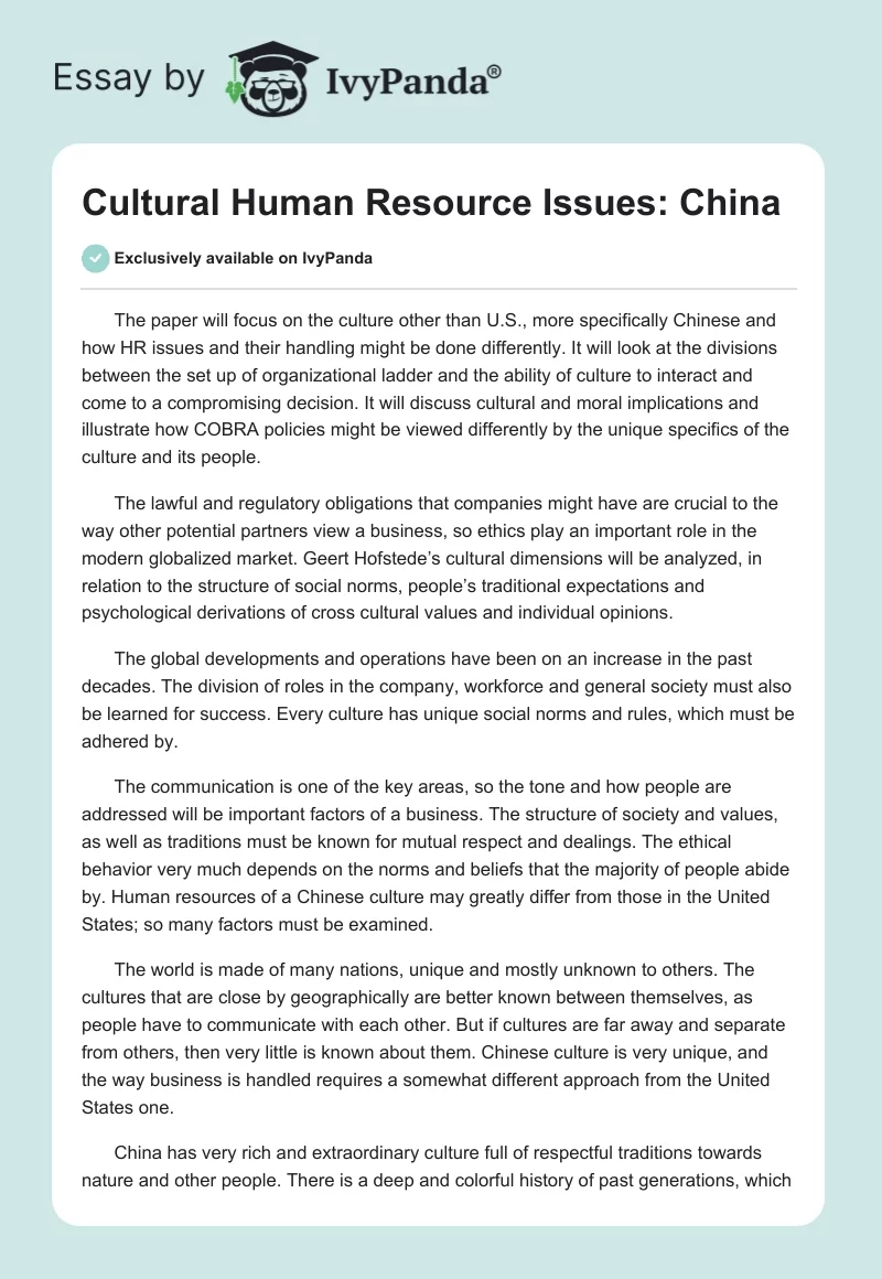 Cultural Human Resource Issues: China. Page 1
