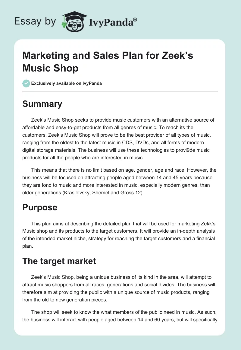 Marketing and Sales Plan for Zeek’s Music Shop. Page 1