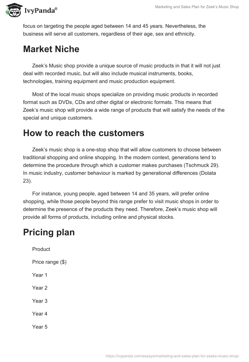 Marketing and Sales Plan for Zeek’s Music Shop. Page 2