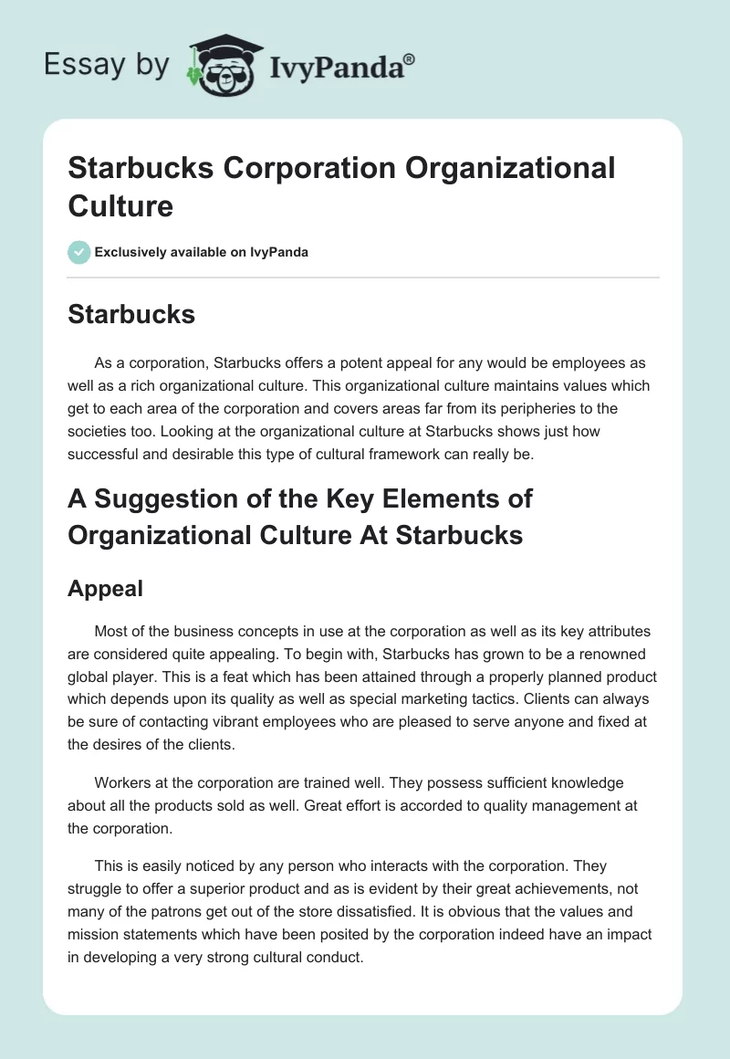Starbucks Corporation Organizational Culture. Page 1