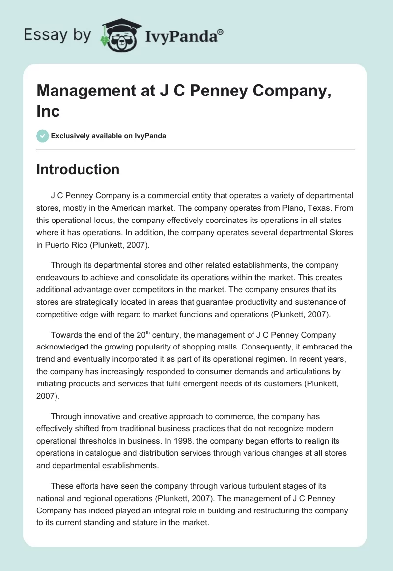 Management at J C Penney Company, Inc. Page 1