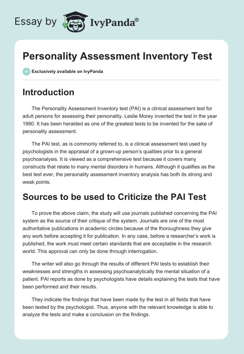 Personality Assessment Inventory Test. Page 1
