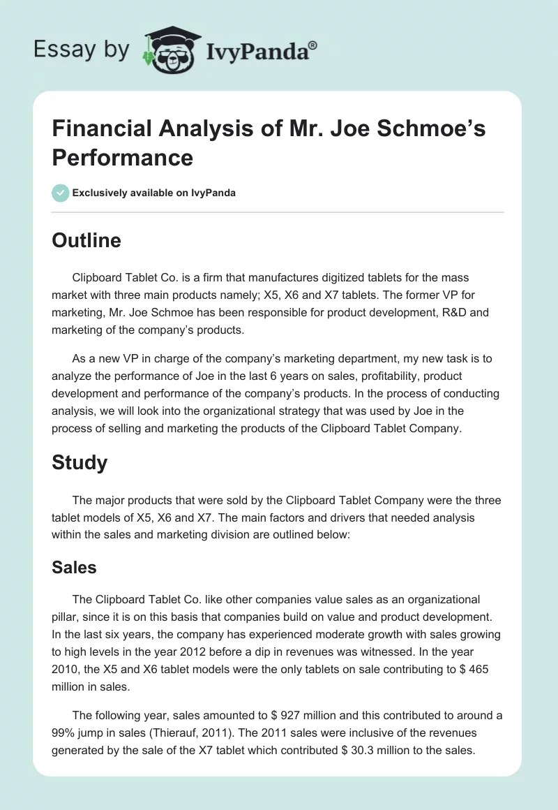 Financial Analysis of Mr. Joe Schmoe’s Performance. Page 1