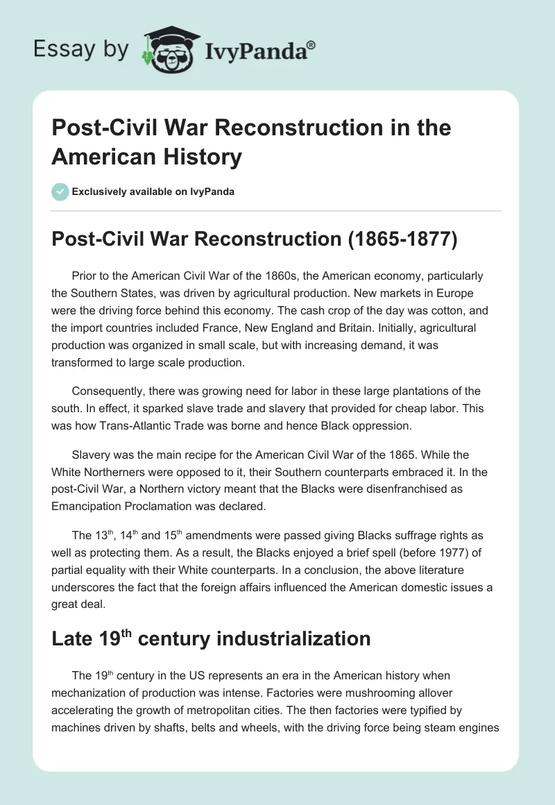 Post-Civil War Reconstruction in the American History. Page 1