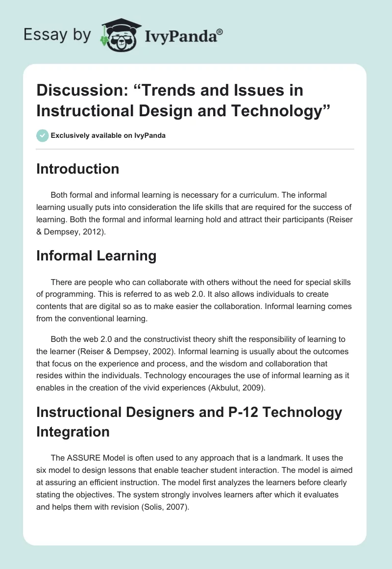 Discussion: “Trends and Issues in Instructional Design and Technology”. Page 1