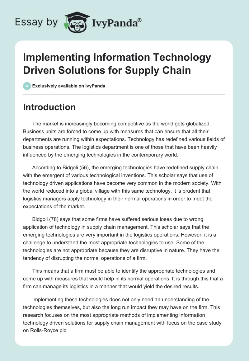 Implementing Information Technology Driven Solutions for Supply Chain. Page 1