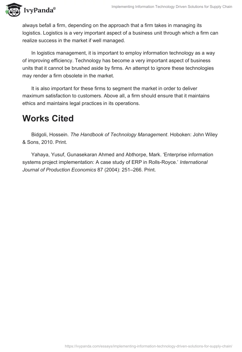 Implementing Information Technology Driven Solutions for Supply Chain. Page 5