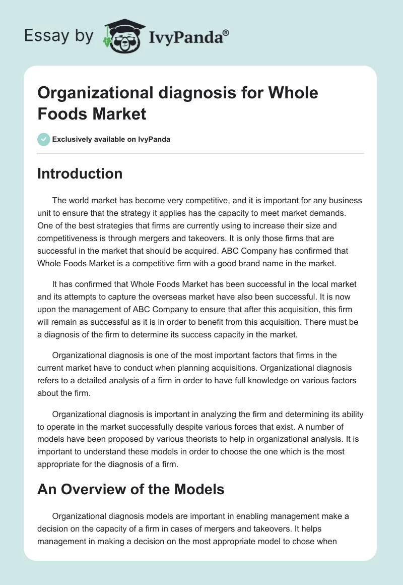 Organizational diagnosis for Whole Foods Market. Page 1