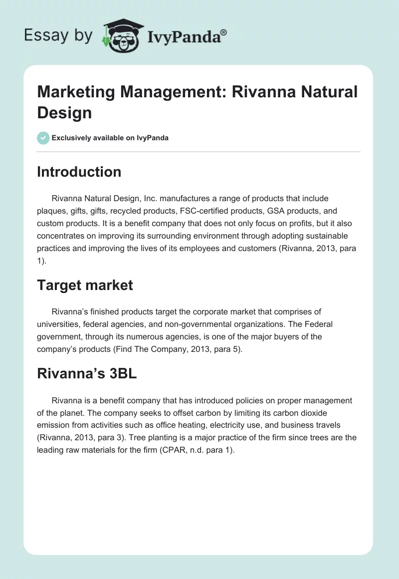 Marketing Management: Rivanna Natural Design. Page 1